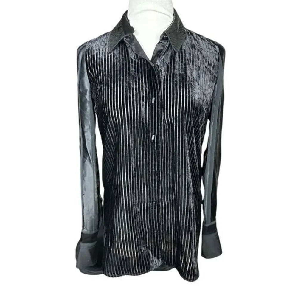 Elie Tahari Women's XS Black Martha Velvet Burnout Button Down Blouse - Picture 2 of 10